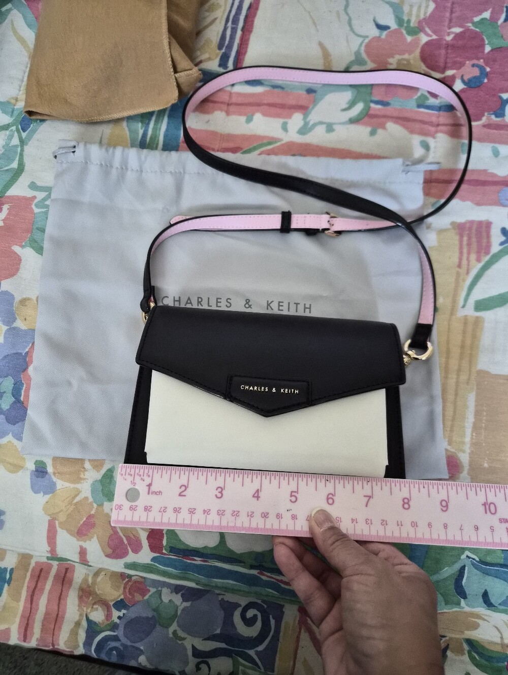 Charles & Keith Black & Cream (White) Crossbody with Pink Strap Accent